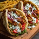 Chicken Gyro wrapped in warm pita and filled with grilled chicken, fresh vegetables, and tzatziki, served on a wooden board.