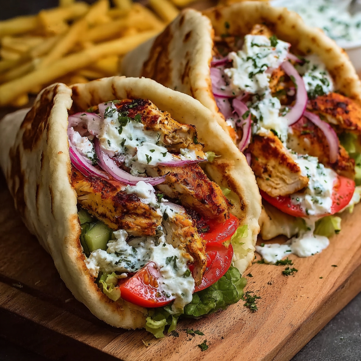Chicken Gyro wrapped in warm pita and filled with grilled chicken, fresh vegetables, and tzatziki, served on a wooden board.