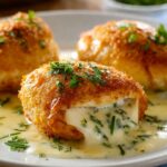 Chicken Pillows with a crispy golden coating, oozing creamy herb filling onto the plate, topped with fresh chopped parsley.