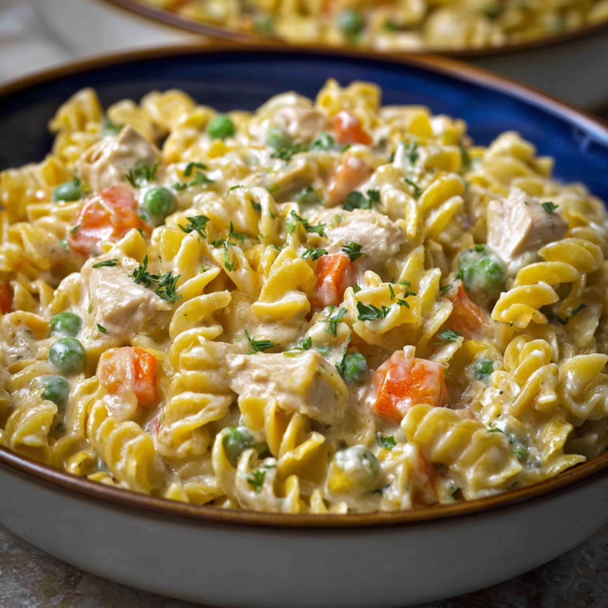A bowl of creamy homemade chicken pot pie pasta with rotini noodles, tender chicken pieces, carrots, and peas, coated in a rich, savory sauce and topped with fresh parsley.