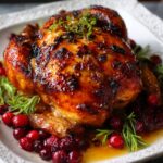 Cranberry Maple Roast Chicken with golden caramelized skin, fresh rosemary, and whole cranberries on a white serving platter.