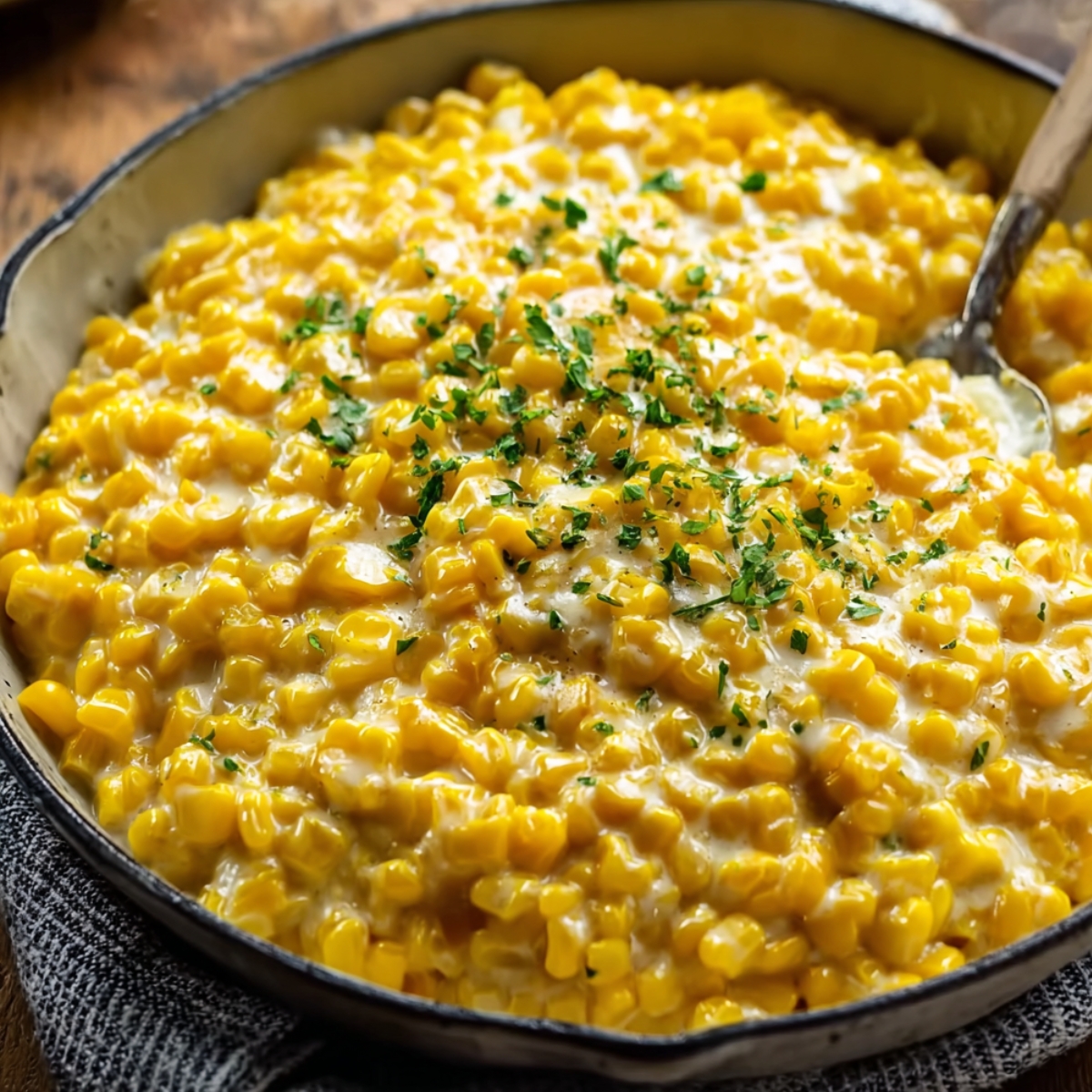 Homemade creamed corn in a skillet, topped with chopped parsley and served warm.