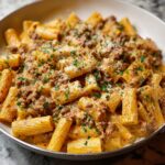Creamy Italian Sausage Rigatoni topped with fresh parsley and grated cheese.