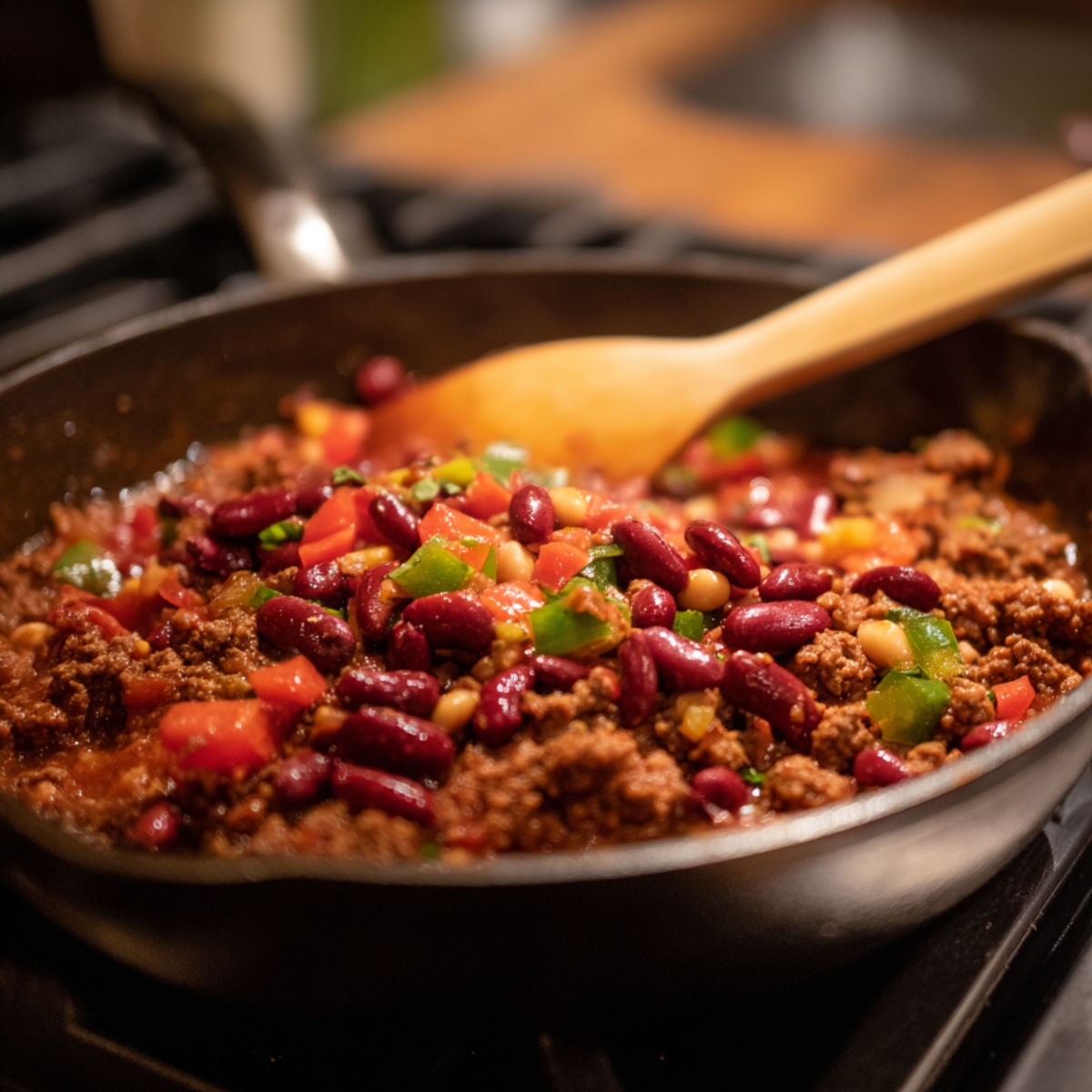 Ground beef chili mixture simmering in a skillet with kidney beans, diced tomatoes, corn, and green peppers, stirred with a wooden spoon for a homemade chili cheese tater tot casserole.