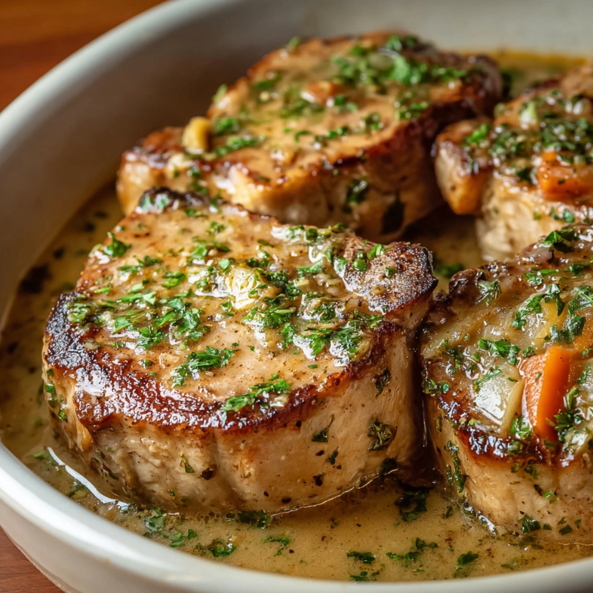 Homemade crock pot pork chops simmered in a creamy herb gravy, served in a shallow dish with tender vegetables.