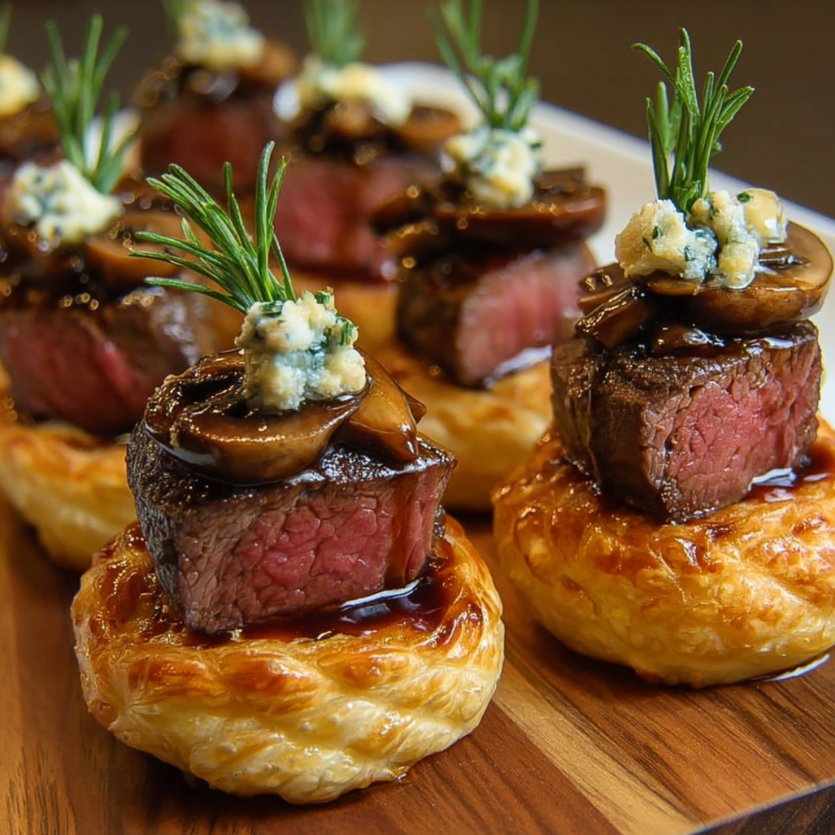 Easy Beef Wellington Bite topped with seared medium-rare beef, blue cheese, fresh rosemary, and a glossy pan sauce on flaky puff-pastry rounds.