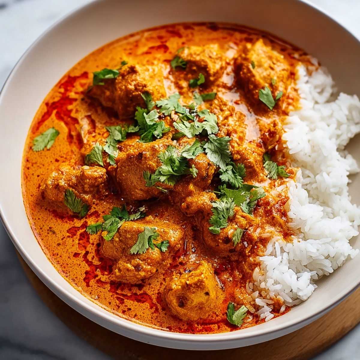 Easy Butter Chicken Recipe in a creamy orange sauce served with white rice and topped with fresh cilantro.