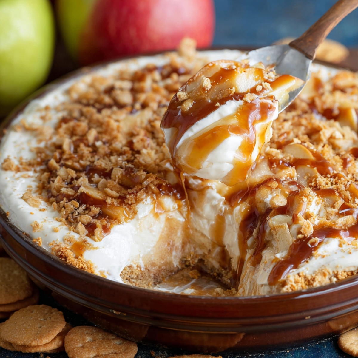 Homemade caramel apple cheesecake dip topped with caramel sauce and crushed graham cracker crumbs, served in a glass dish with a spoonful being lifted and fresh apples in the background.
