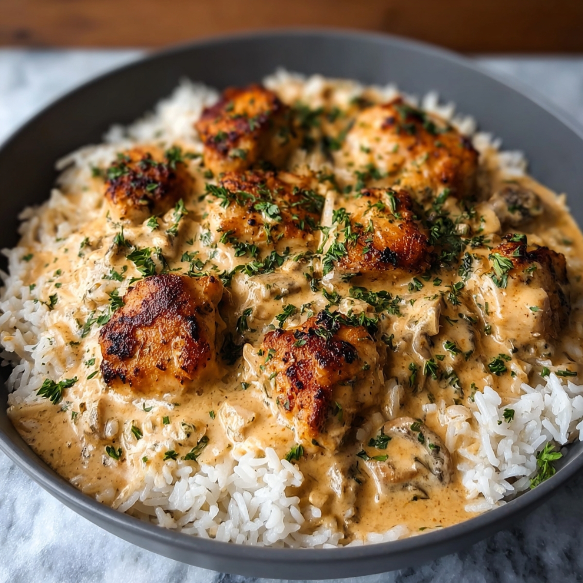 Easy Creamy Smothered Chicken and Rice in a gray bowl, featuring golden-brown seared chicken pieces coated in a rich, creamy mushroom gravy and served over fluffy white rice, topped with fresh chopped parsley for color.