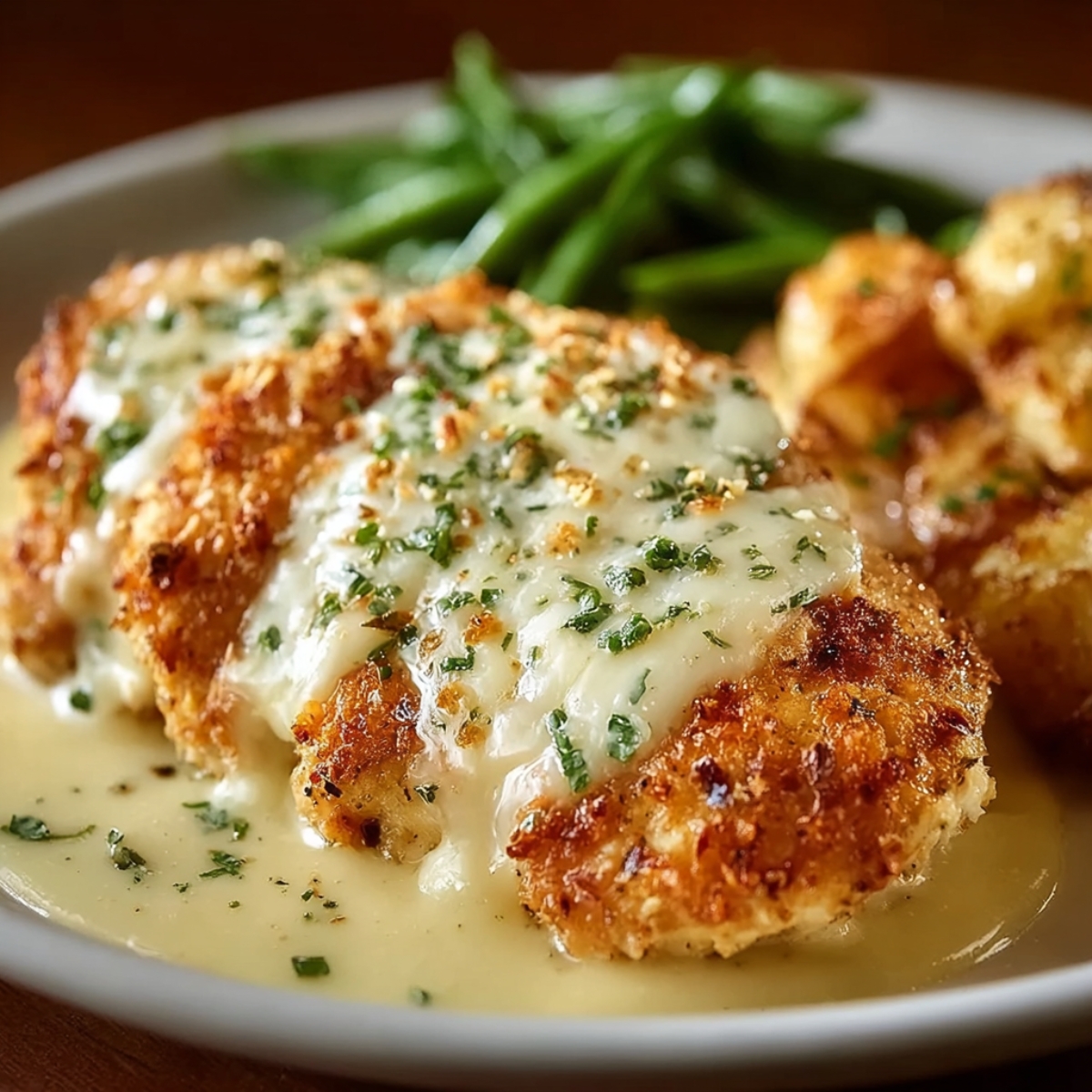 Homemade parmesan-crusted chicken topped with melted cheese and herbs, served with roasted potatoes and green beans on a dinner plate.