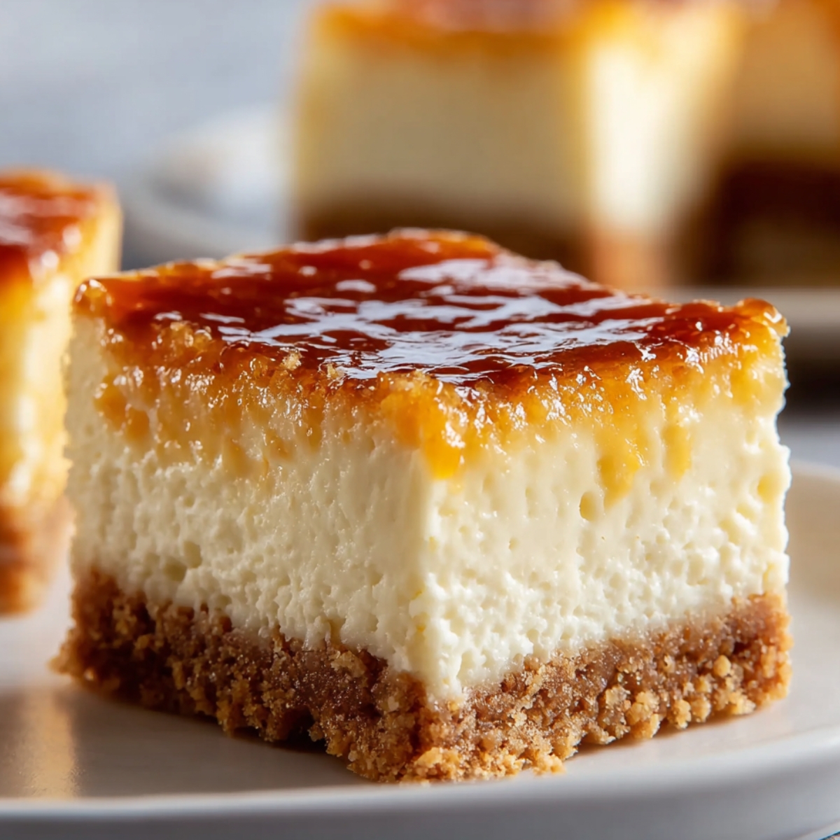 Easy Neiman Marcus Cake Recipe slice with a golden caramel top, creamy center, and buttery crust on a white plate.