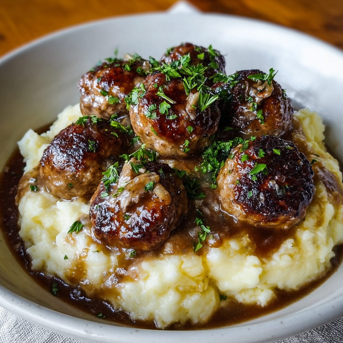 Easy Salisbury Steak Meatballs Recipe served over creamy mashed potatoes with rich brown onion gravy and fresh parsley on top.