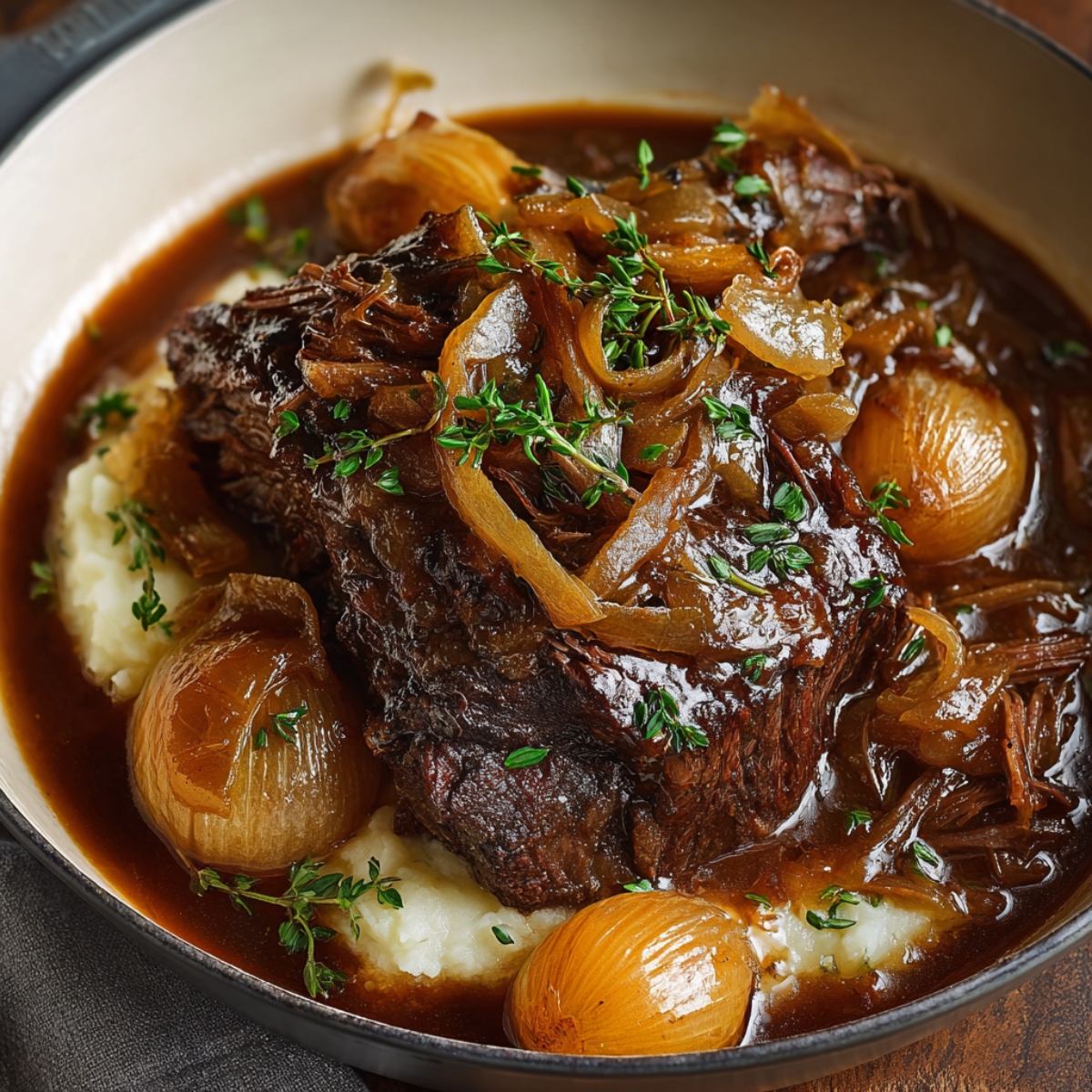 French Onion Pot Roast served over mashed potatoes, topped with caramelized onions, pearl onions, and fresh thyme in rich brown gravy for a cozy, comforting meal.