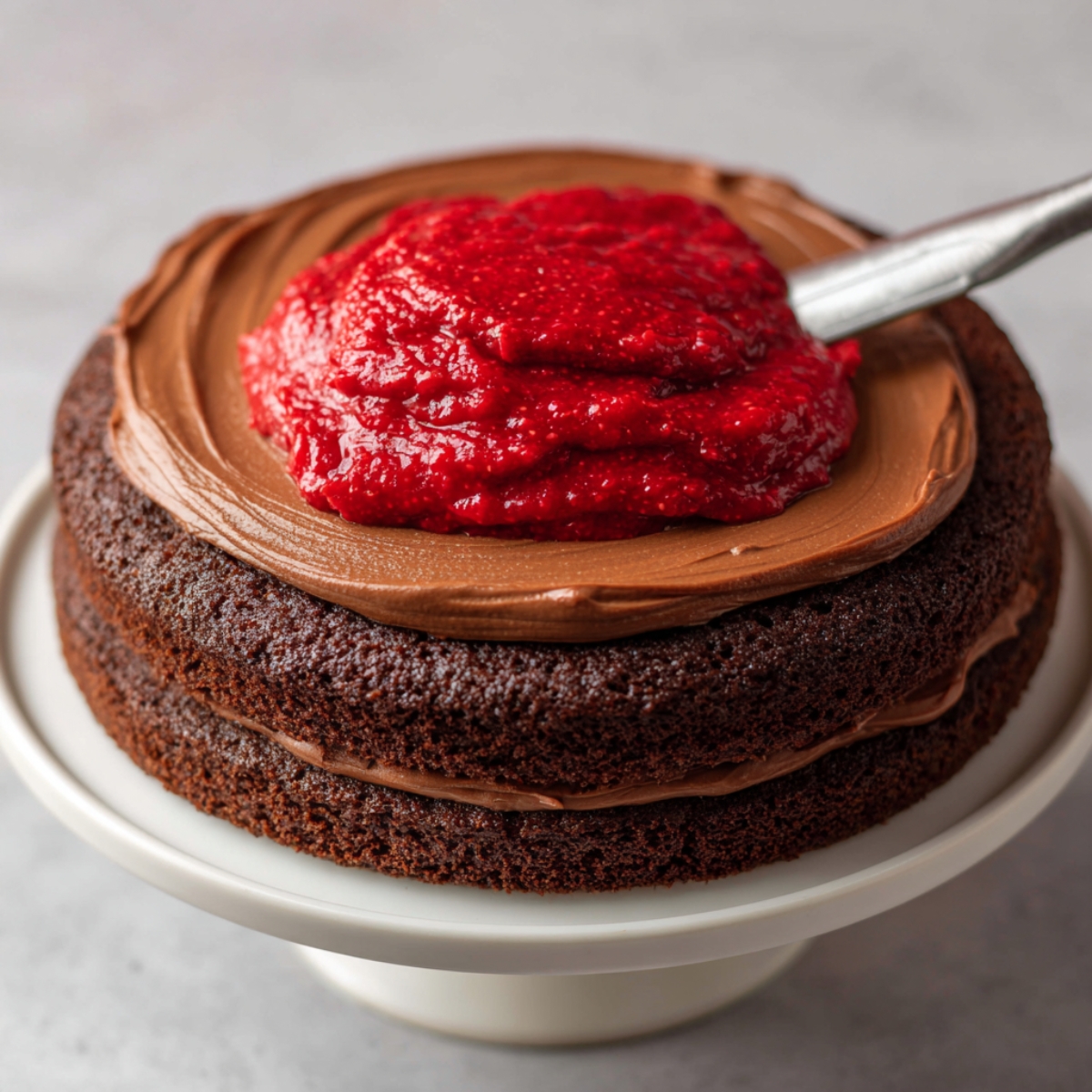 Homemade chocolate layer cake being assembled with creamy chocolate frosting and fresh raspberry filling spread on top of the second layer.