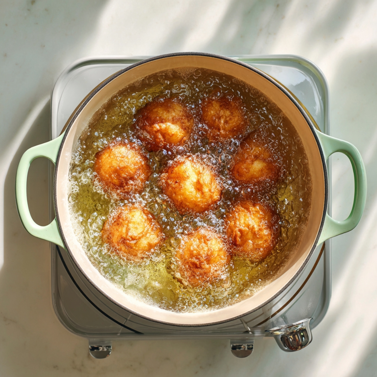 Golden apple fritters frying in hot oil inside a light green Dutch oven on a stovetop, bubbling as they cook to a crisp golden brown.