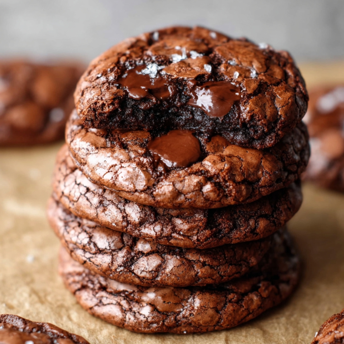 Homemade Brownie Mix Cookies with melted chocolate chips and shiny crinkle tops on parchment paper.