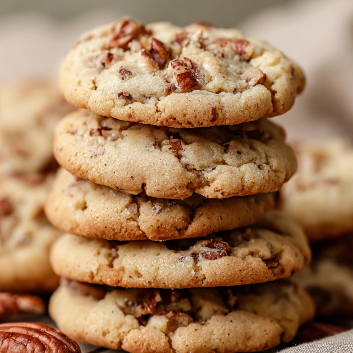 Stack of homemade butter pecan cookies with golden edges and visible toasted pecan pieces.
