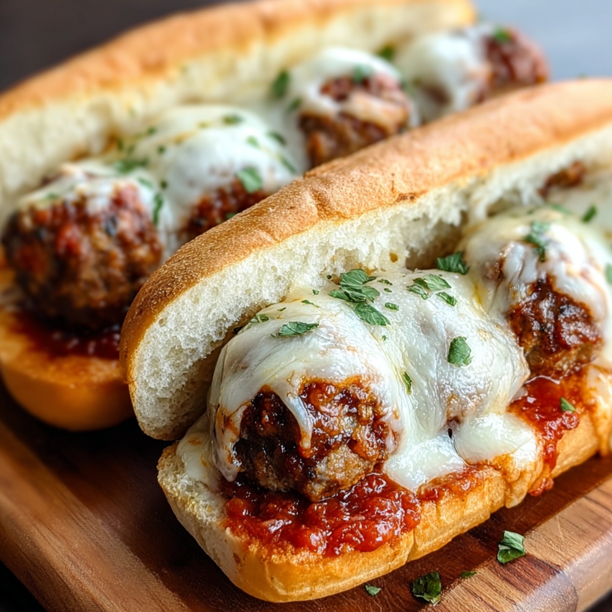 Homemade Cheesy Meatball Subs topped with melted mozzarella and fresh herbs on toasted hoagie rolls.