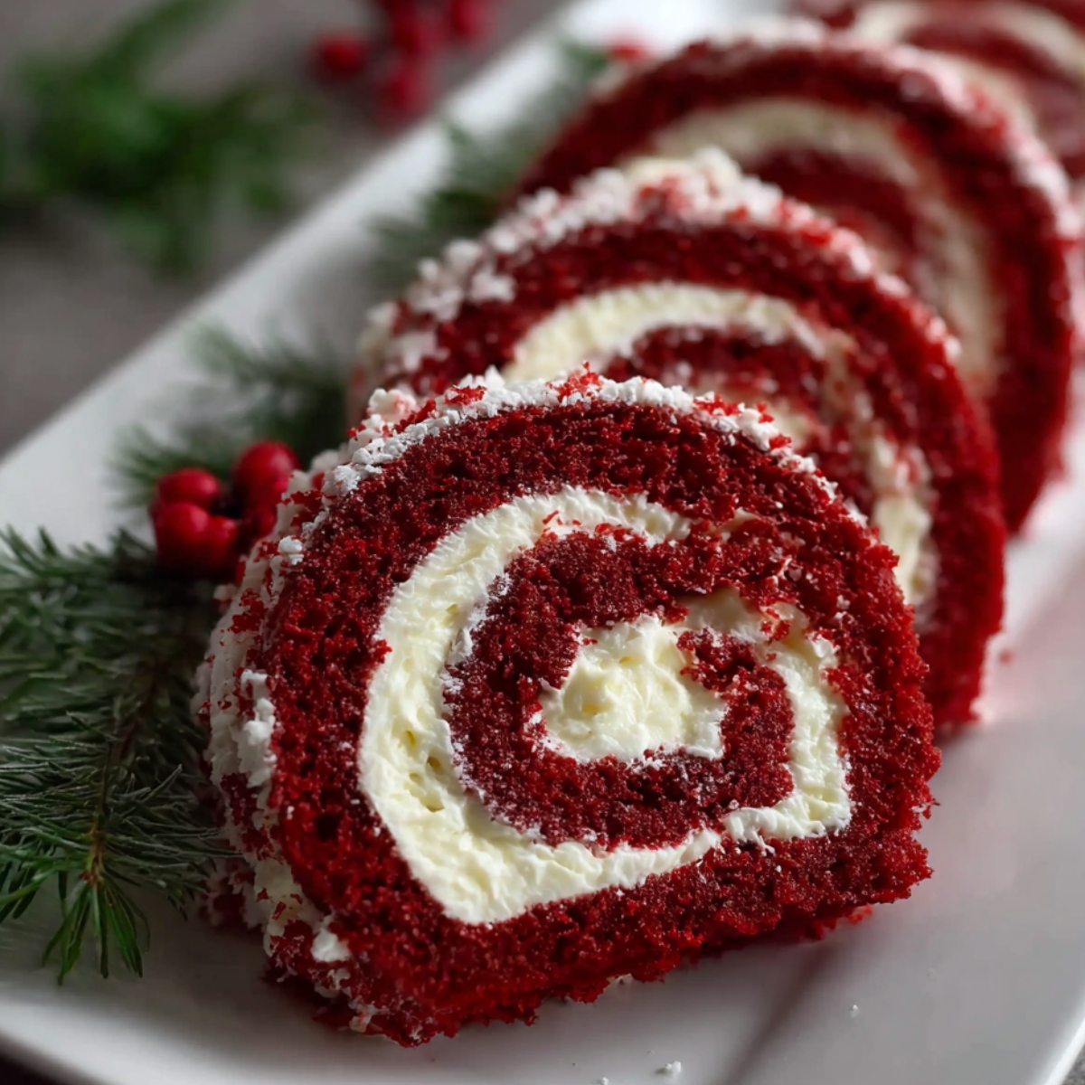 Homemade Christmas Red Velvet Cake Roll with creamy white frosting, sliced and served on a wooden board, dusted with powdered sugar and red cake crumbs, with festive holiday greenery in the background.