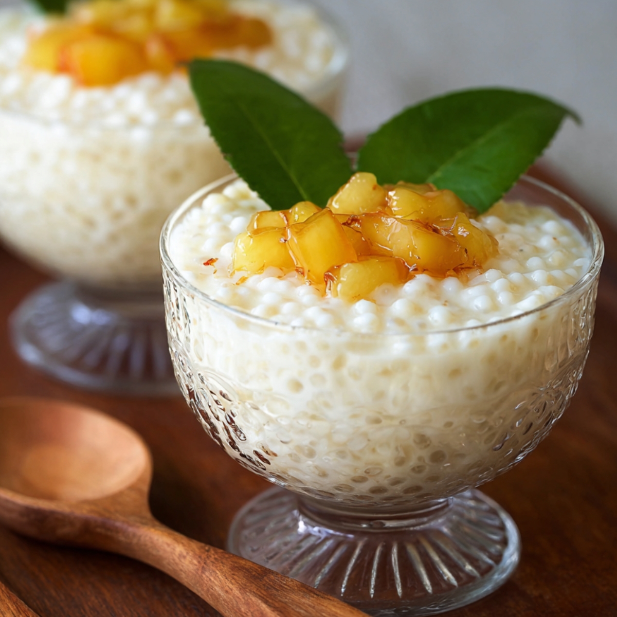 A glass dessert cup filled with creamy coconut tapioca pudding, topped with diced caramelized fruit and fresh green leaves, with another serving in the background.