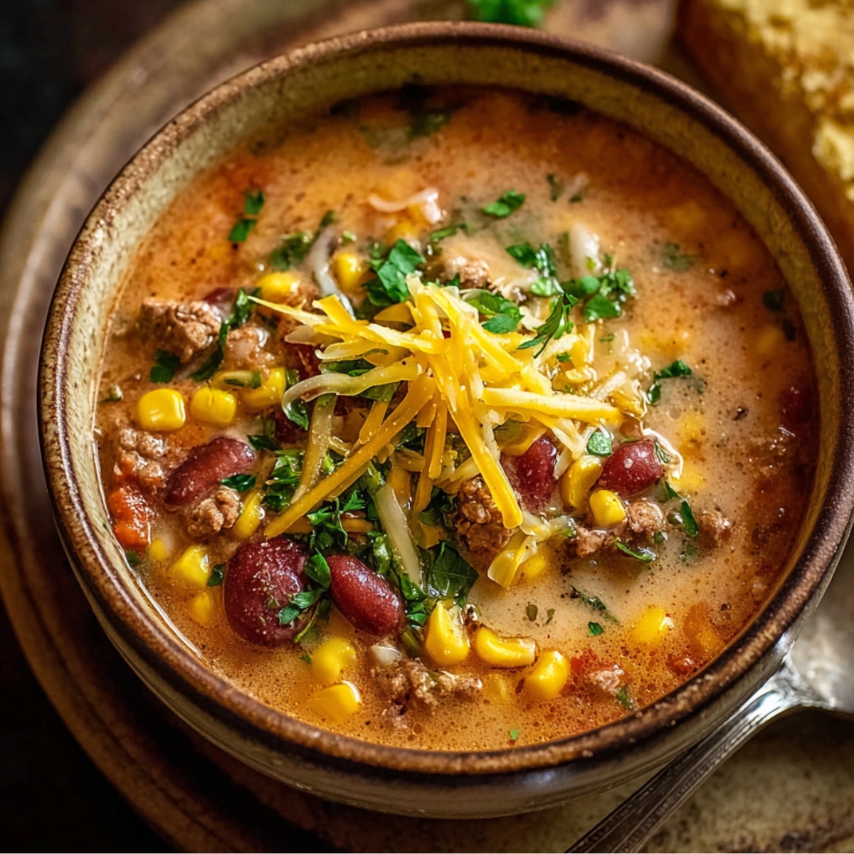 Homemade cowboy soup filled with ground beef, beans, corn, tomatoes, and spices, topped with shredded cheddar and fresh parsley.