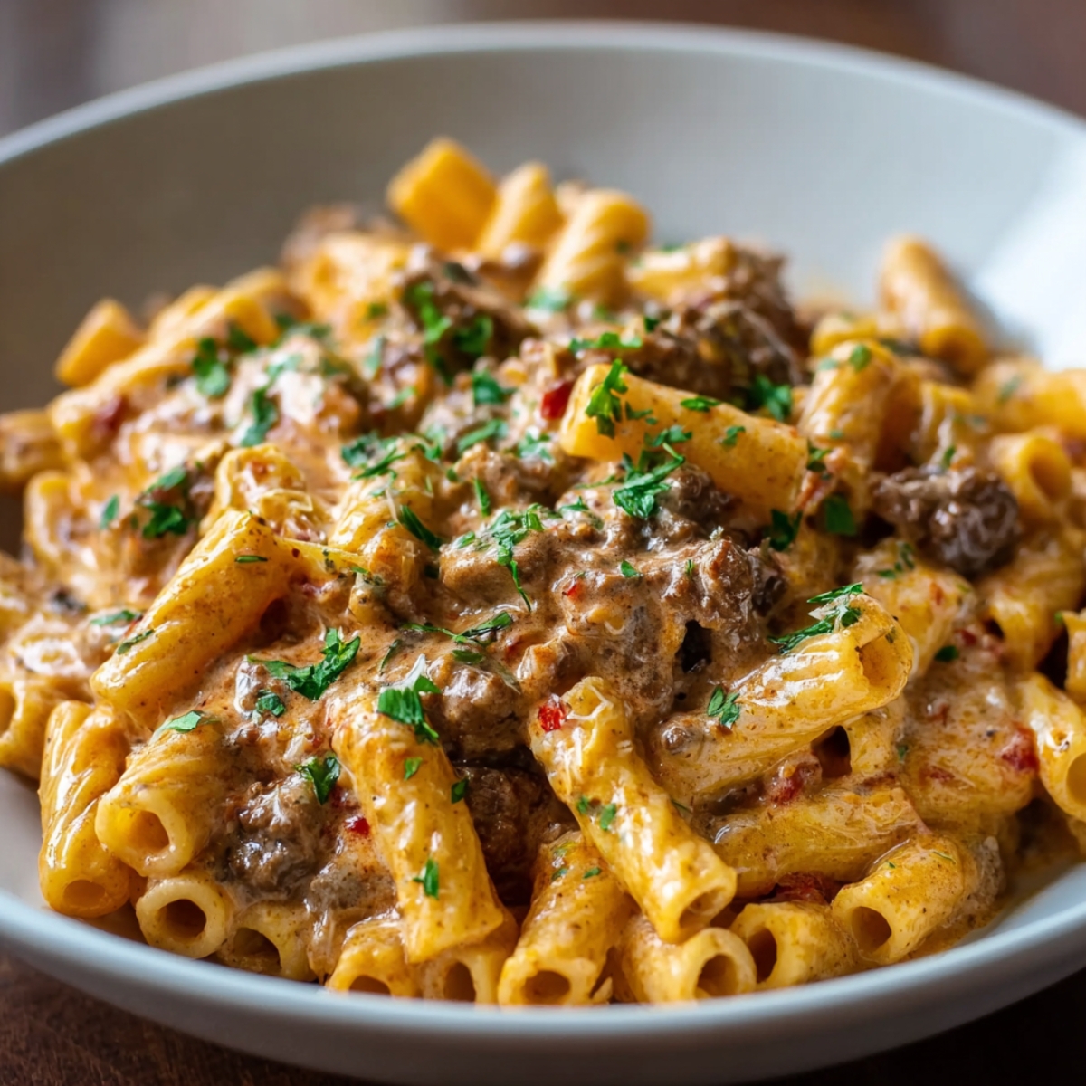 Homemade creamy beef pasta with rigatoni, ground beef, and parmesan, topped with fresh parsley.
