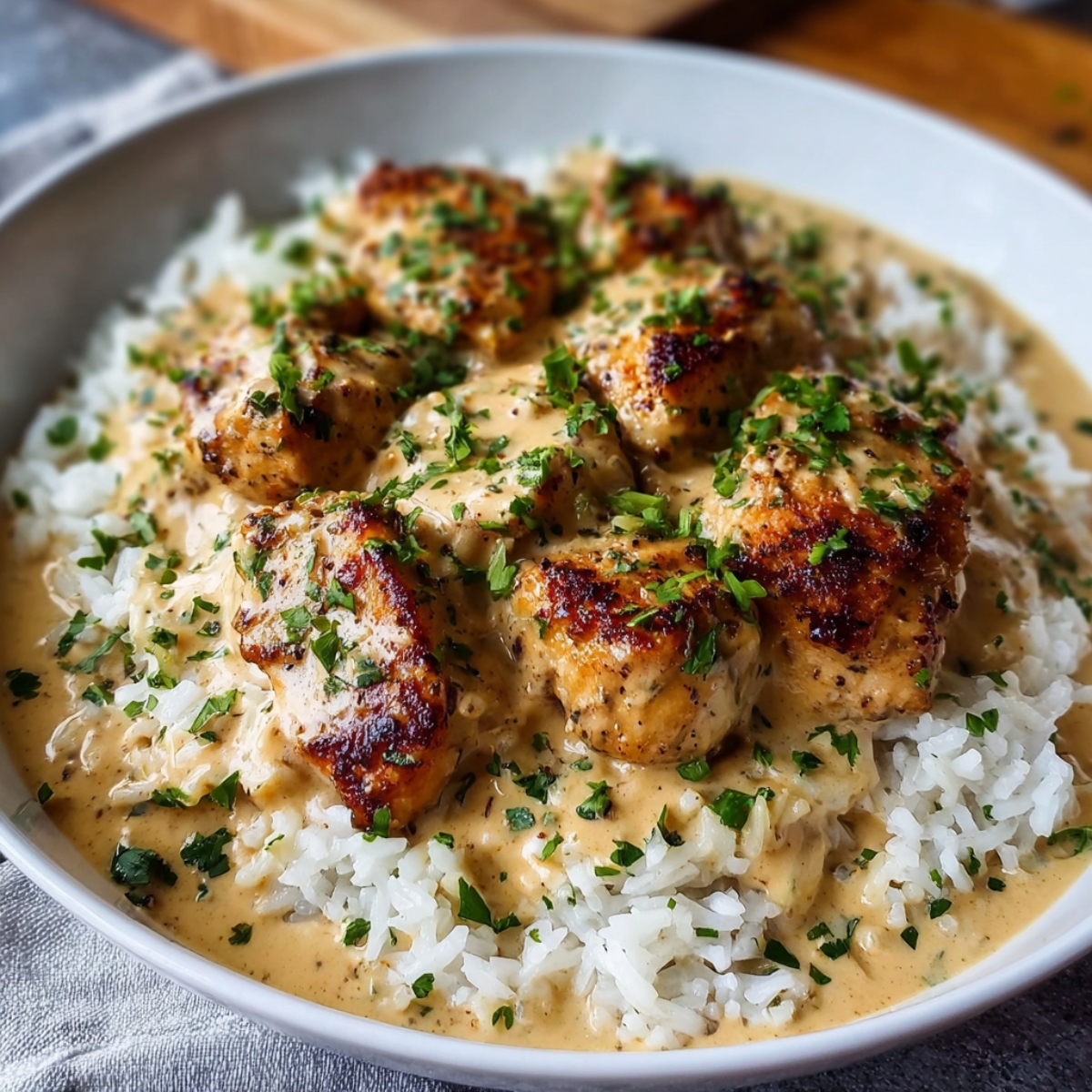 Homemade Creamy Smothered Chicken and Rice dish in a skillet — golden-brown seared chicken pieces nestled in a rich, creamy mushroom sauce, served over fluffy white rice and sprinkled with fresh chopped parsley.