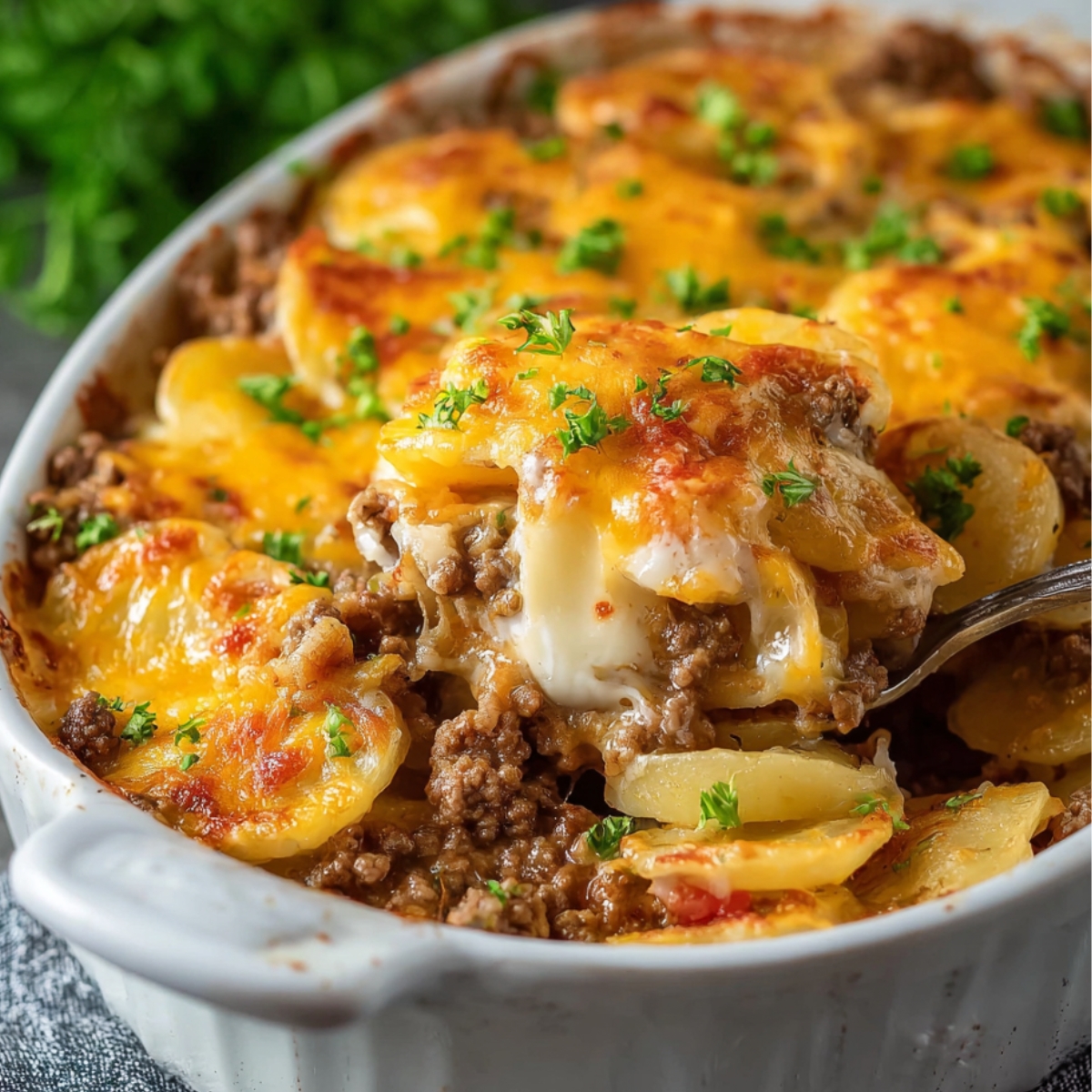 Homemade Hobo Casserole Ground Beef, sliced potatoes, melted cheddar cheese, and creamy sauce, baked to a golden brown and garnished with fresh parsley in a white baking dish.