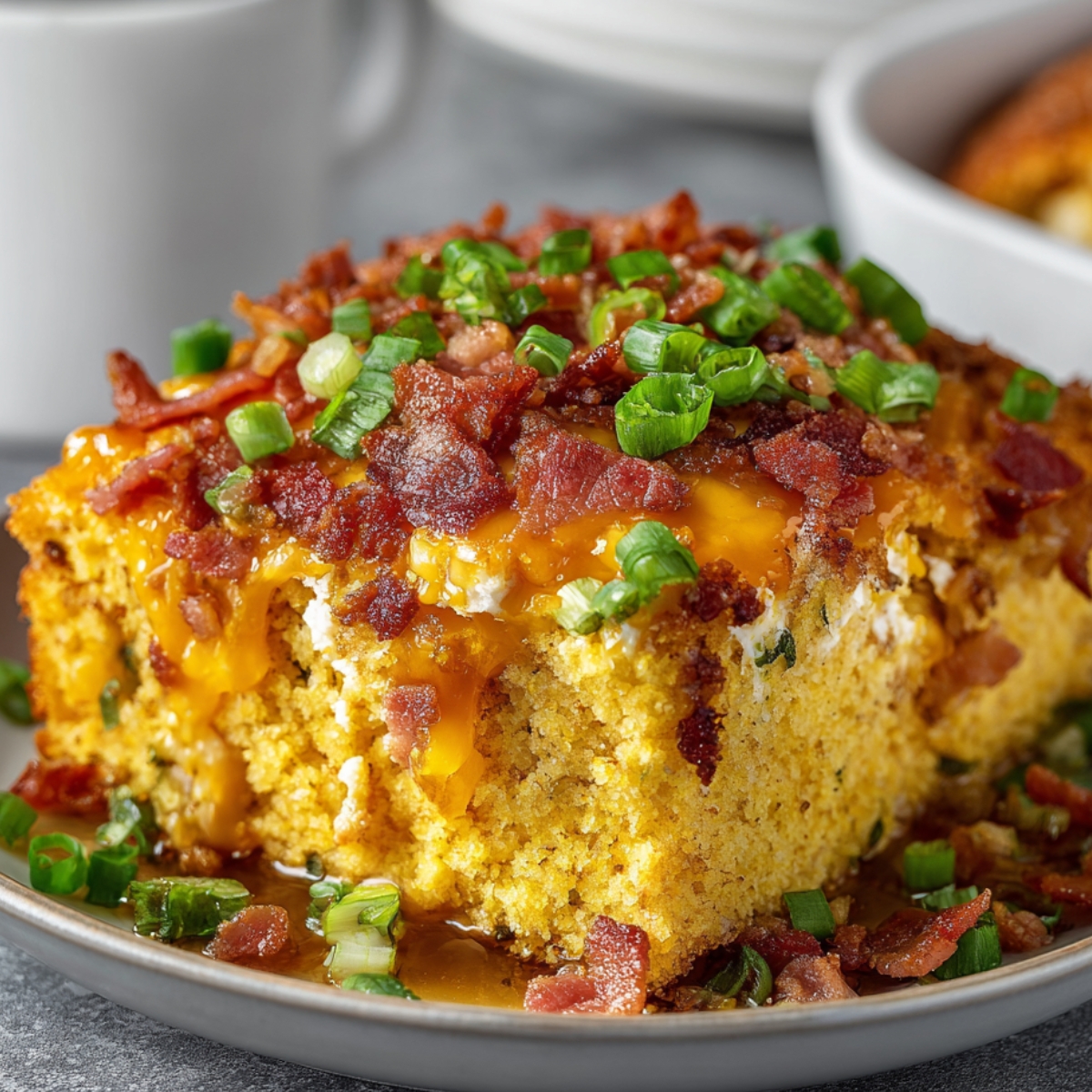 Homemade Loaded Cornbread Casserole topped with melted cheddar, crispy bacon, and green onions.