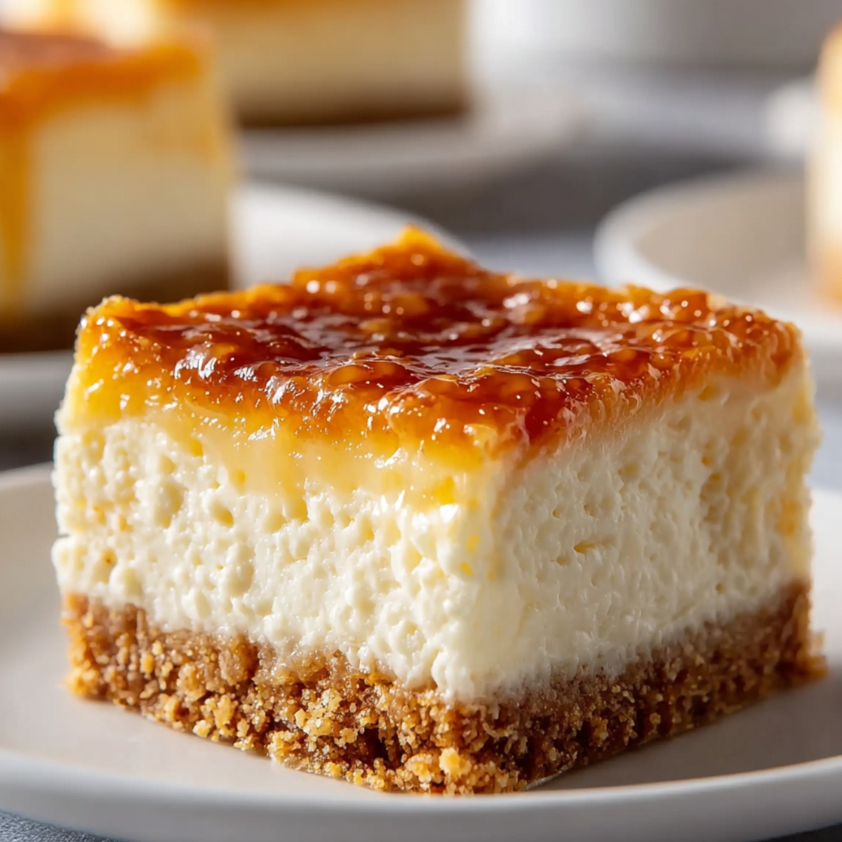 Homemade Neiman Marcus Cake square with a golden caramel top, creamy center, and buttery crust on a white plate.