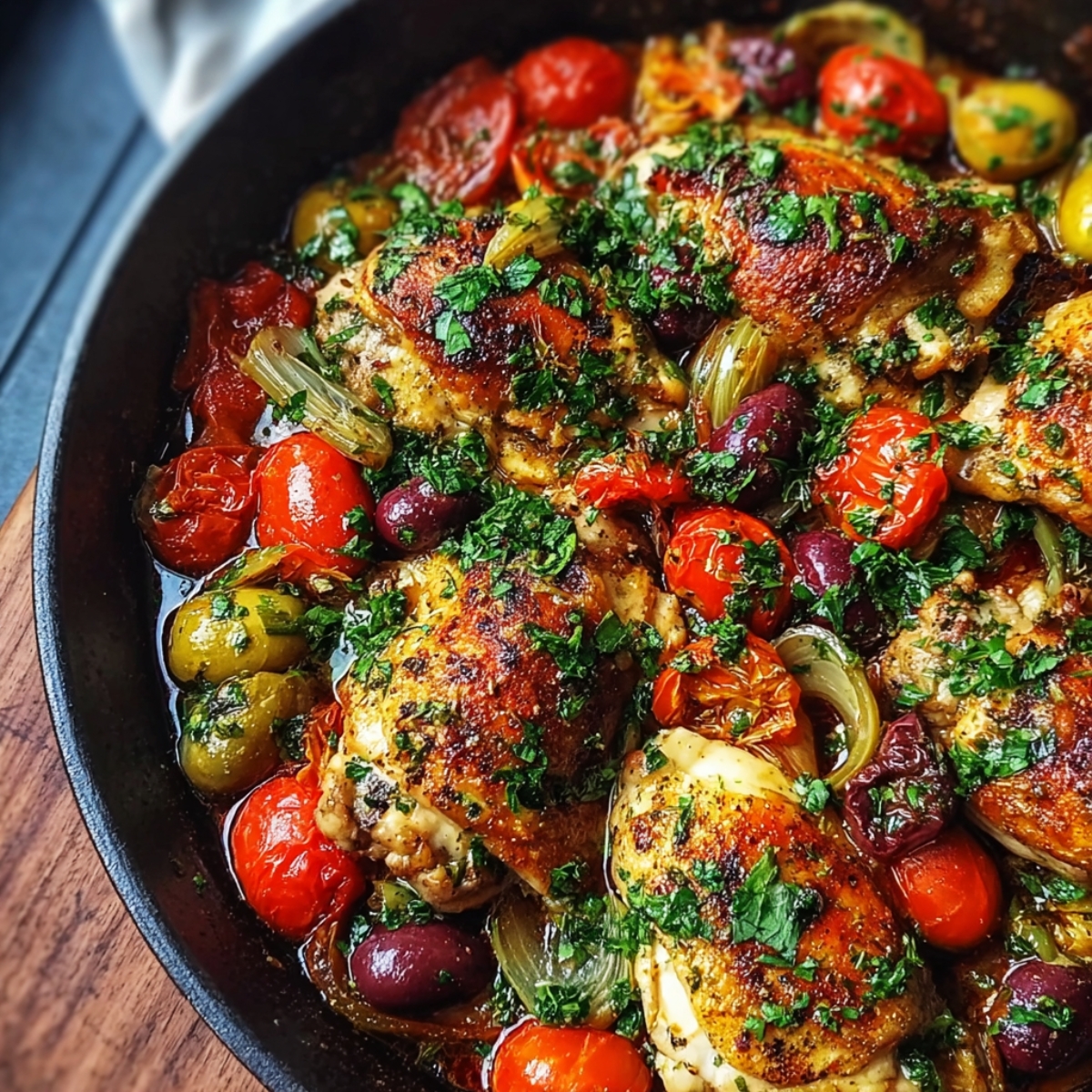 Homemade One Pan Mediterranean Chicken with crispy golden thighs simmered in tomatoes, olives, herbs, and pan juices in a rustic skillet.