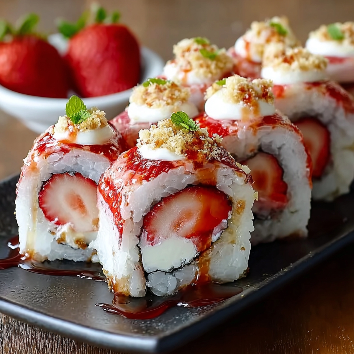 Homemade Strawberry Shortcake Sushi Roll filled with fresh strawberries and cream, topped with crushed cookies, mint leaves, and drizzle on a dark serving plate.