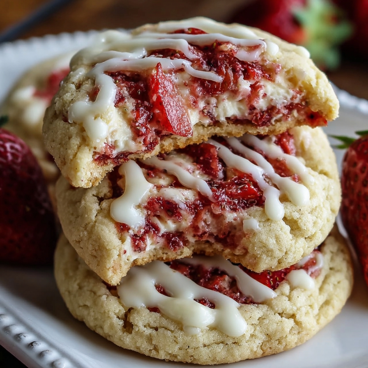 Stack of homemade strawberry cheesecake cookies with fresh strawberry pieces and creamy white drizzle, showing a soft, gooey center in the broken cookie.
