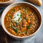 A warm bowl of homemade lentil soup topped with fresh herbs and a swirl of cream, served with bread on the side.