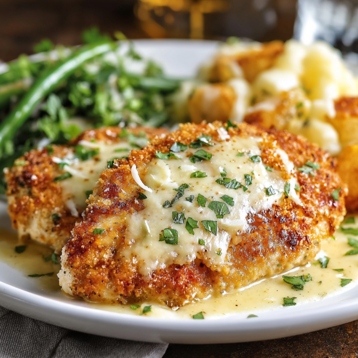 Longhorn Steakhouse Parmesan Chicken topped with melted cheese and parsley, served with green beans and roasted potatoes on a white plate.