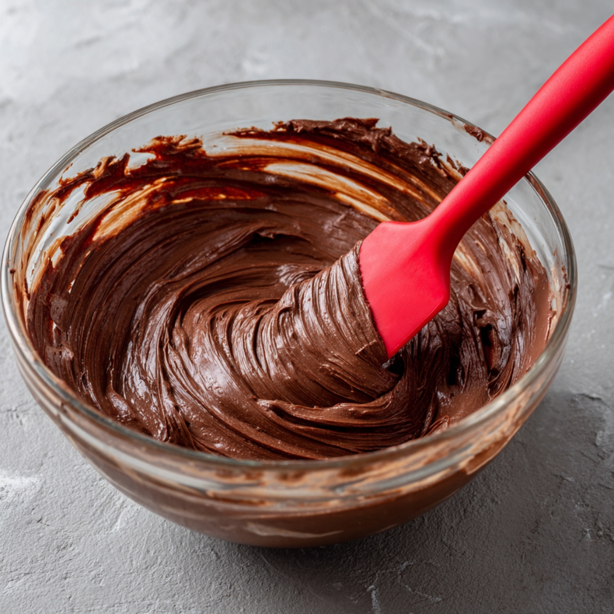 Homemade chocolate ganache in a glass bowl being stirred with a red spatula until smooth and glossy.