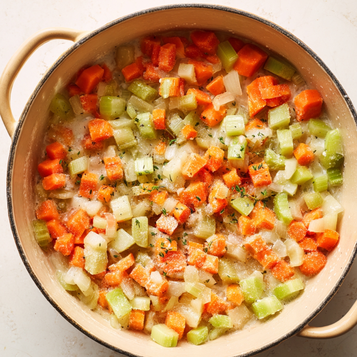 Diced carrots, celery, and onions sautéing in butter inside a cream-colored Dutch oven, glistening as they soften and release their aroma, the perfect start to a homemade chicken pot pie pasta.