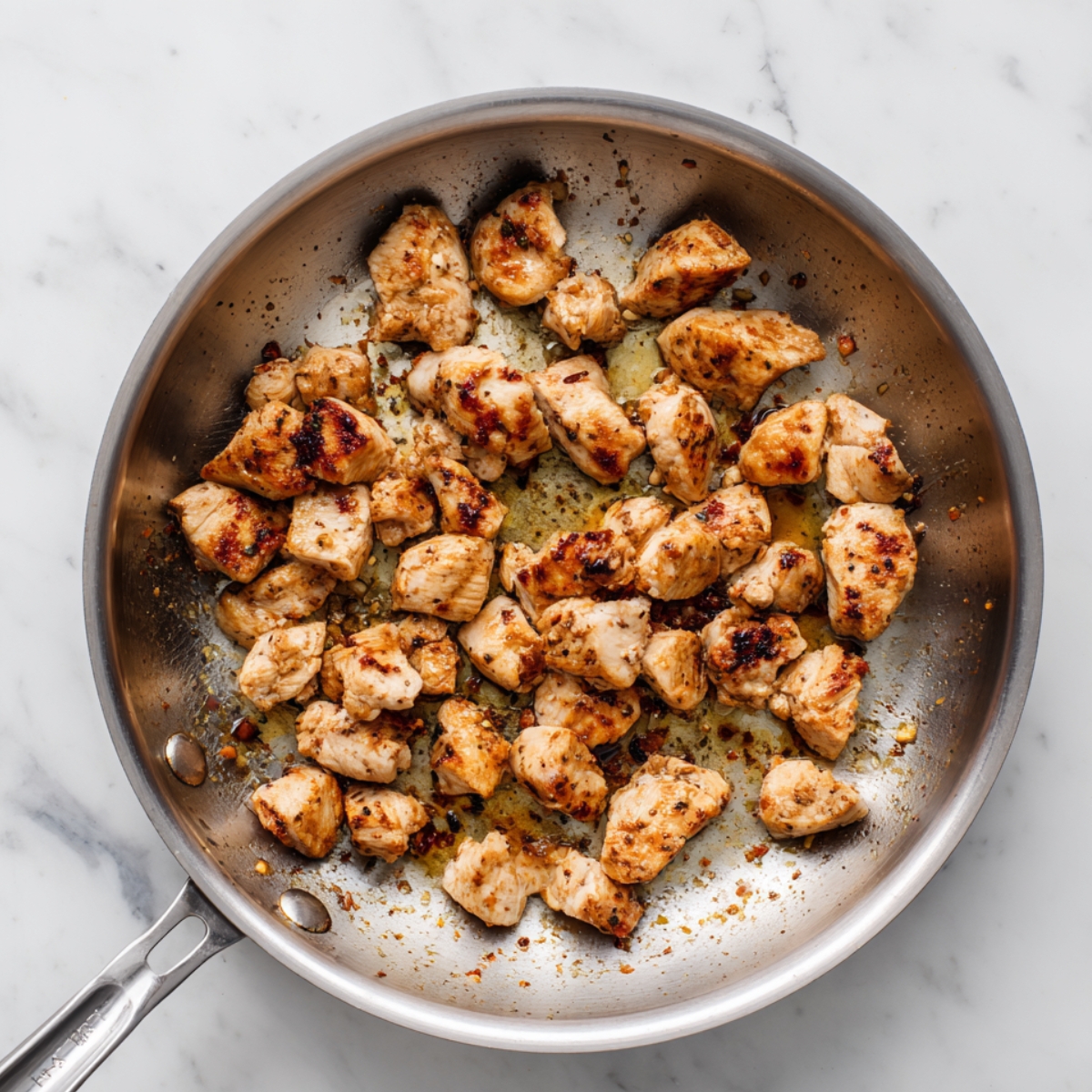 Golden pan-seared chicken bites cooking in a stainless-steel skillet on a marble countertop.