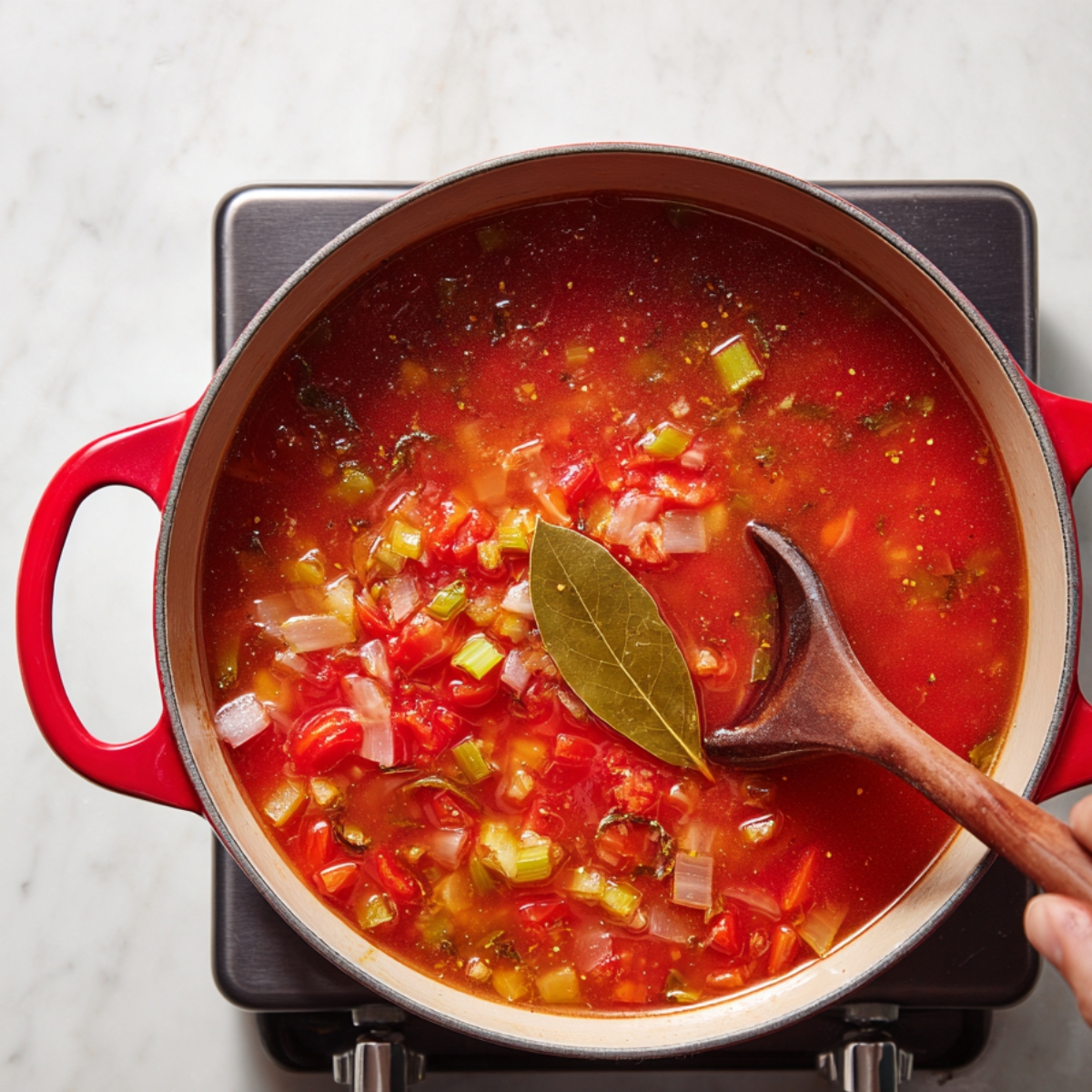 A pot of homemade tomato-based soup simmering with diced vegetables and a bay leaf, stirred with a wooden spoon on the stovetop.