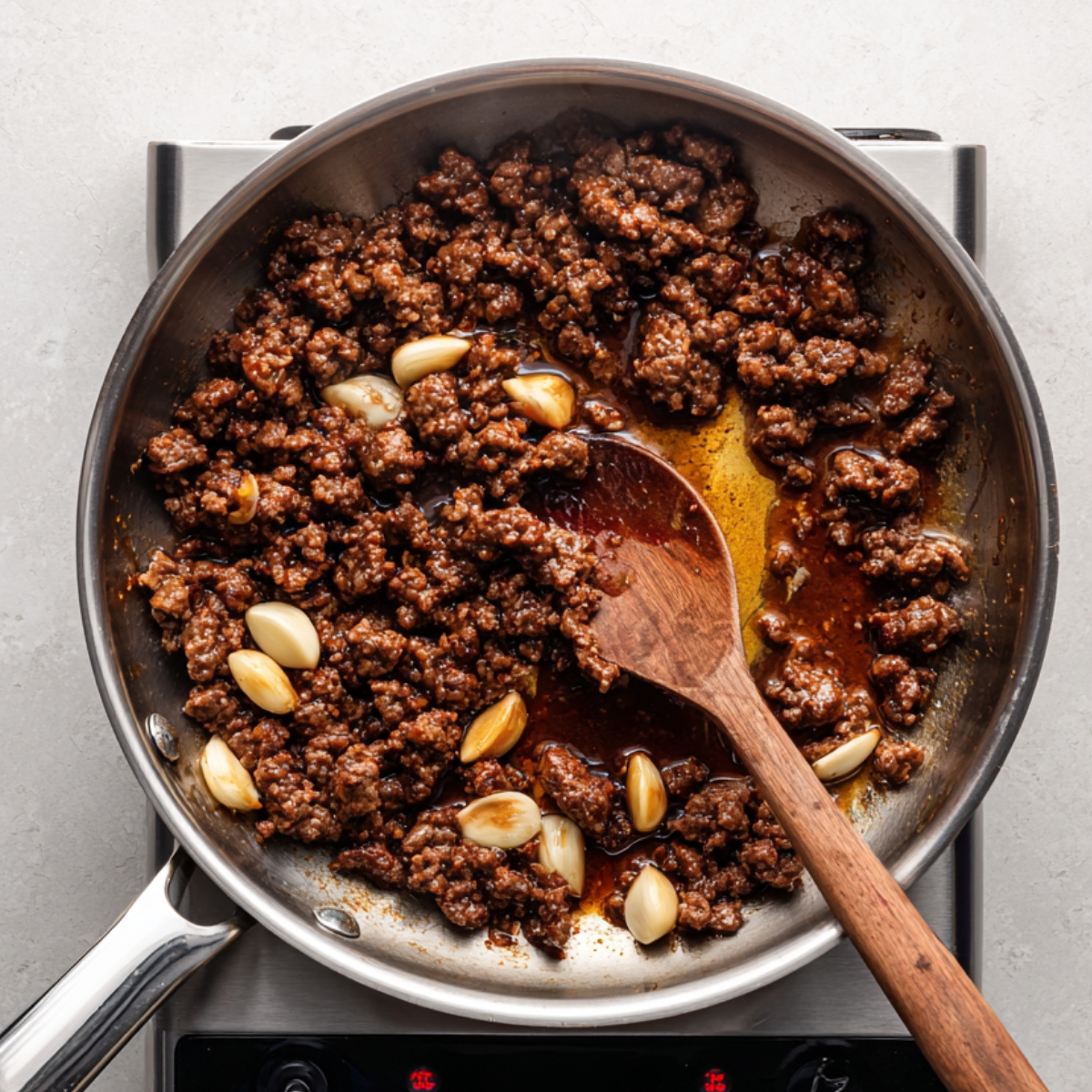 Homemade Korean ground beef simmering in a skillet with garlic cloves and sauce, stirred with a wooden spoon on a stovetop.