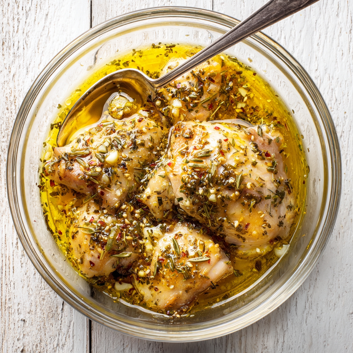 Raw chicken thighs marinating in olive oil, garlic, herbs, and spices in a glass bowl with a spoon.