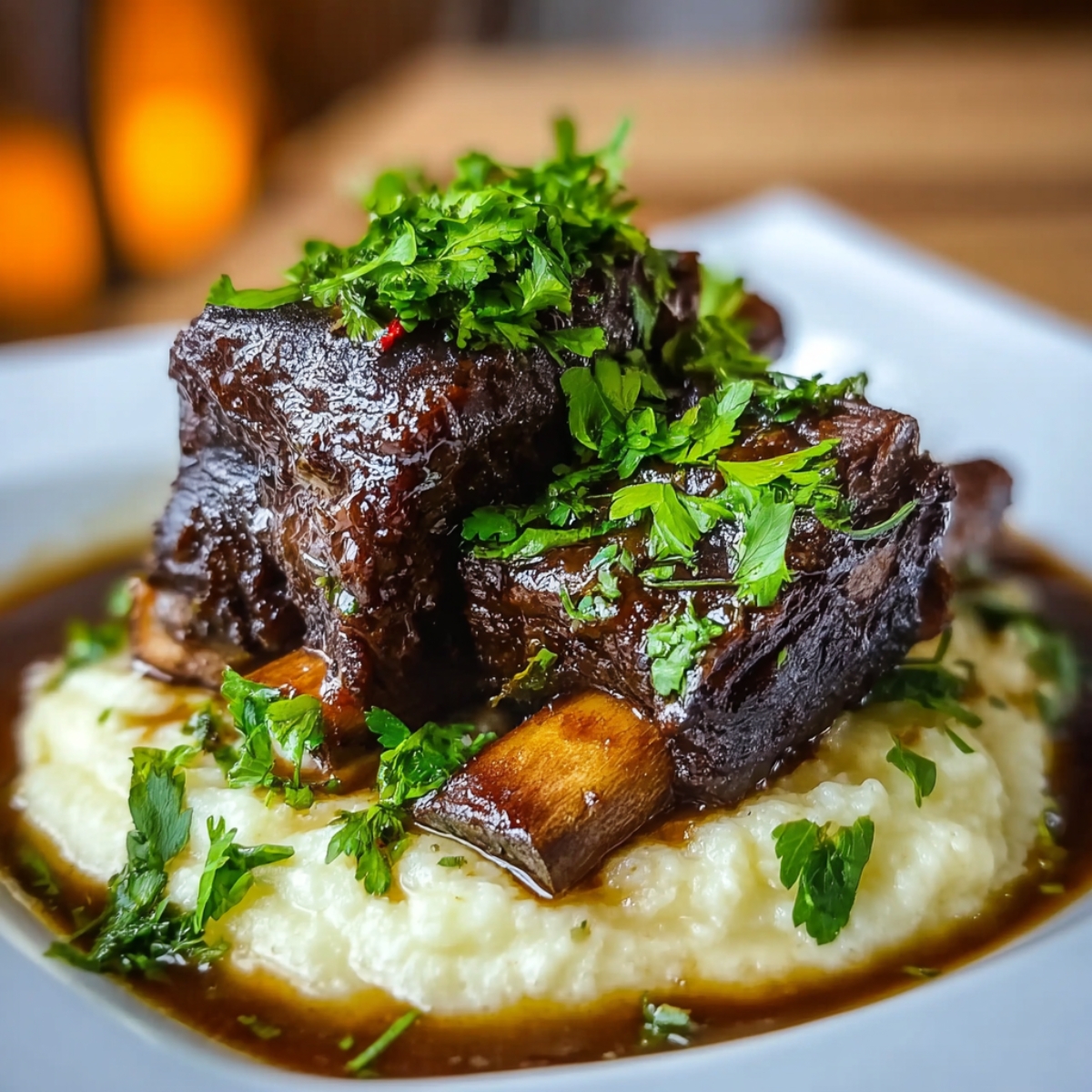 Braised Short Ribs Recipe served over creamy mashed potatoes, topped with fresh chopped parsley and coated in a rich, glossy sauce.