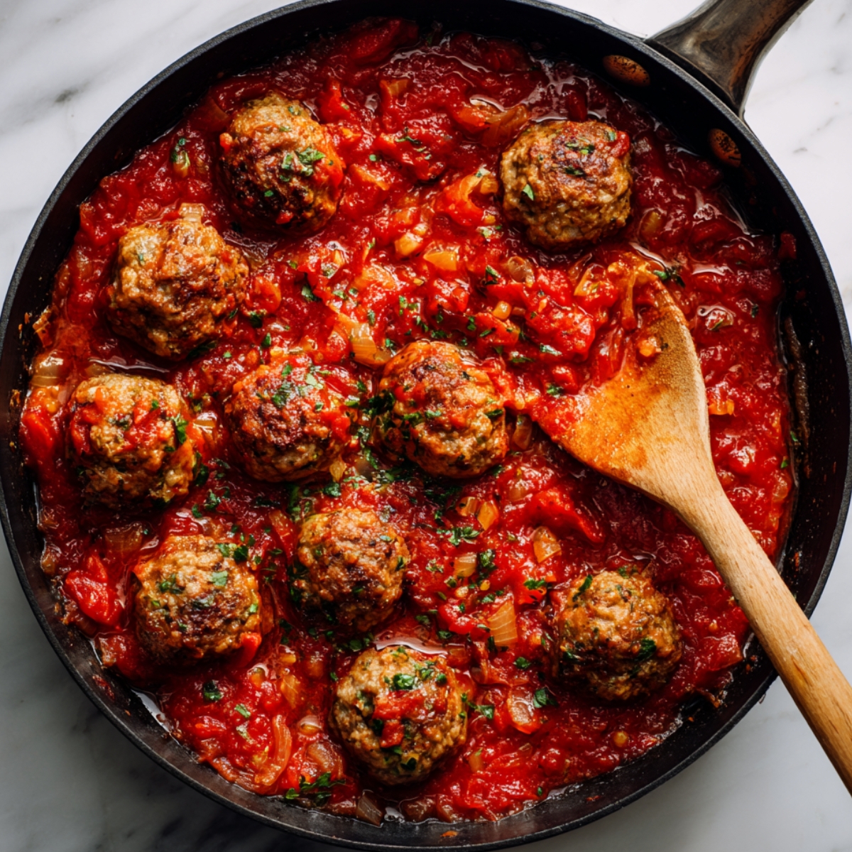 Homemade meatballs simmering in a chunky tomato sauce in a skillet with a wooden spoon.