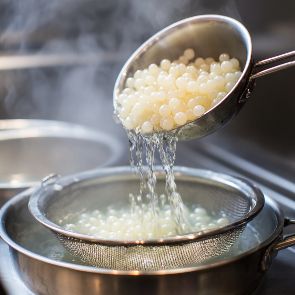 Hot cooked tapioca pearls being drained through a metal strainer in a kitchen, with steam rising as water pours off the pearls.