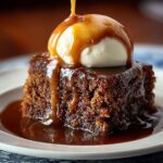 A homemade slice of sticky toffee pudding topped with vanilla ice cream and covered in warm toffee sauce, served on a rustic plate.