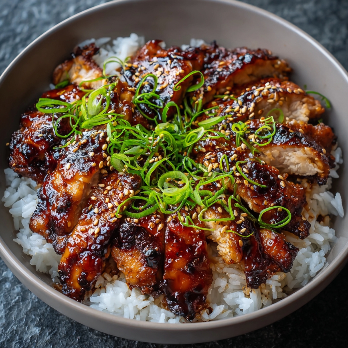 Homemade teriyaki chicken sliced over steamed white rice, glazed in a thick soy-honey sauce, and topped with toasted sesame seeds and fresh green onions.