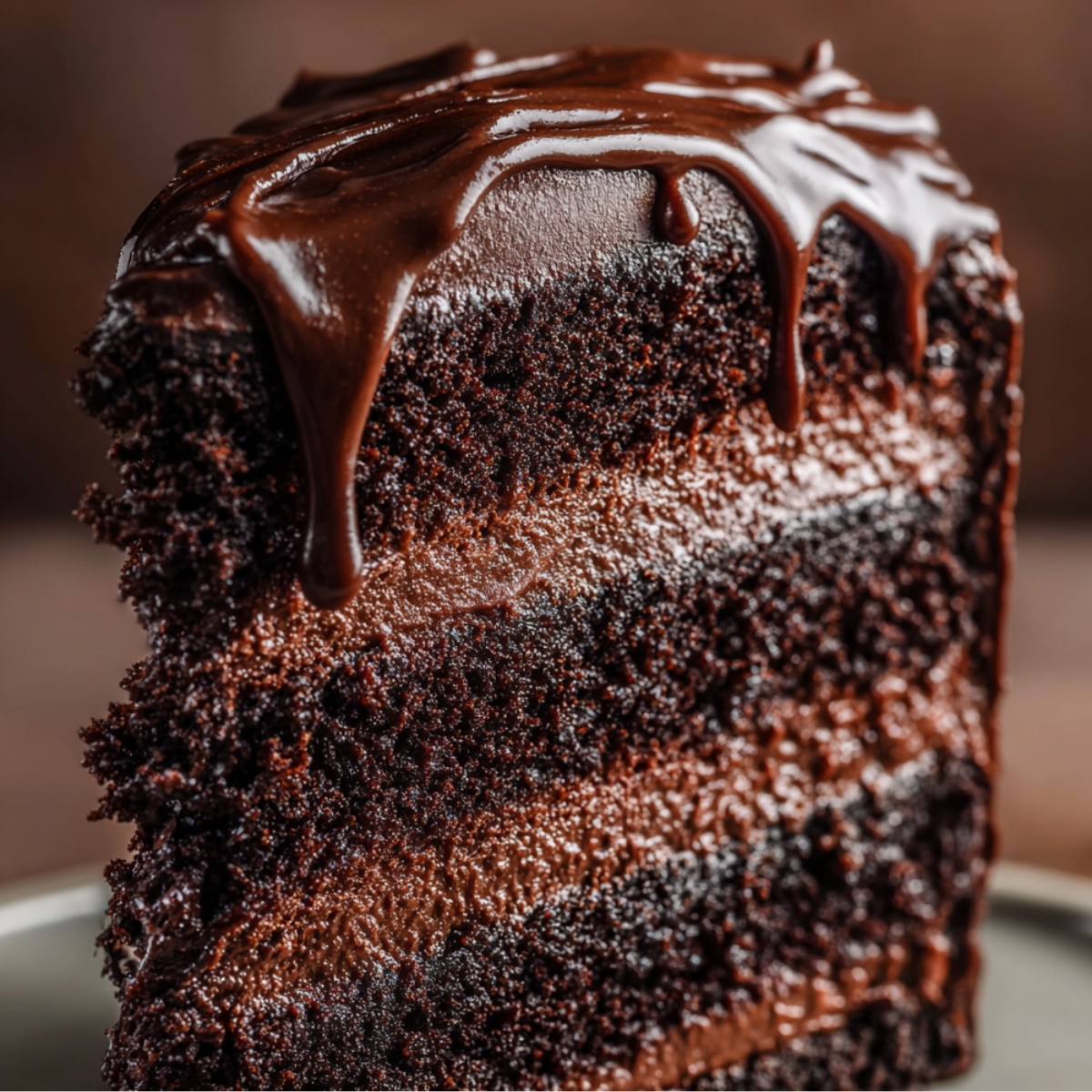 A thick, homemade slice of Matilda-style chocolate cake with three moist, dark layers and rich fudgy frosting, topped with a glossy chocolate drip.