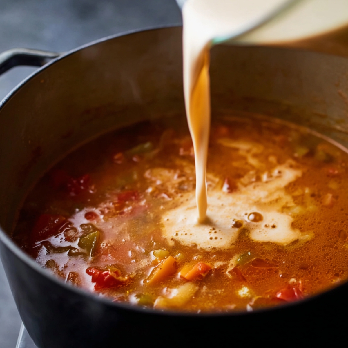 Pour in the rest of the chicken broth, the diced tomatoes, and the pureed beans. Drop in the Parmesan rind if you're using one. Season with salt and pepper, then add the rosemary sprig, bay leaves, basil, and parsley. Stir everything together and bring it to a boil.