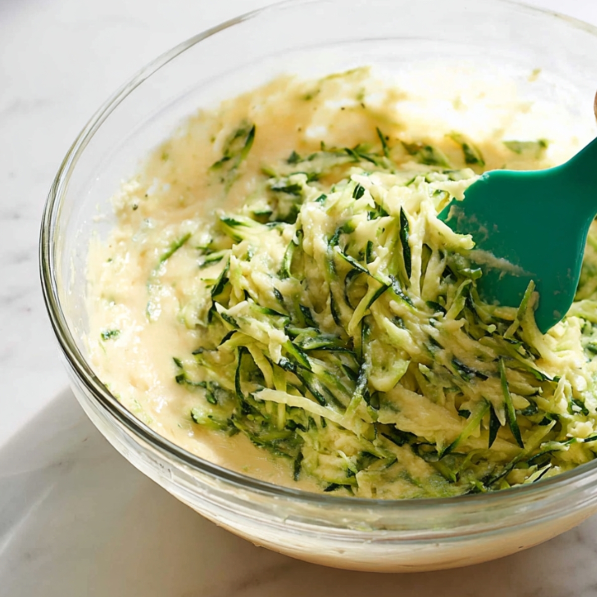 Stir in 1 cup of that sharp cheddar, all the Parmesan, and your squeezed-dry zucchini. Mix it until everything's combined, then spread it into your buttered baking dish.