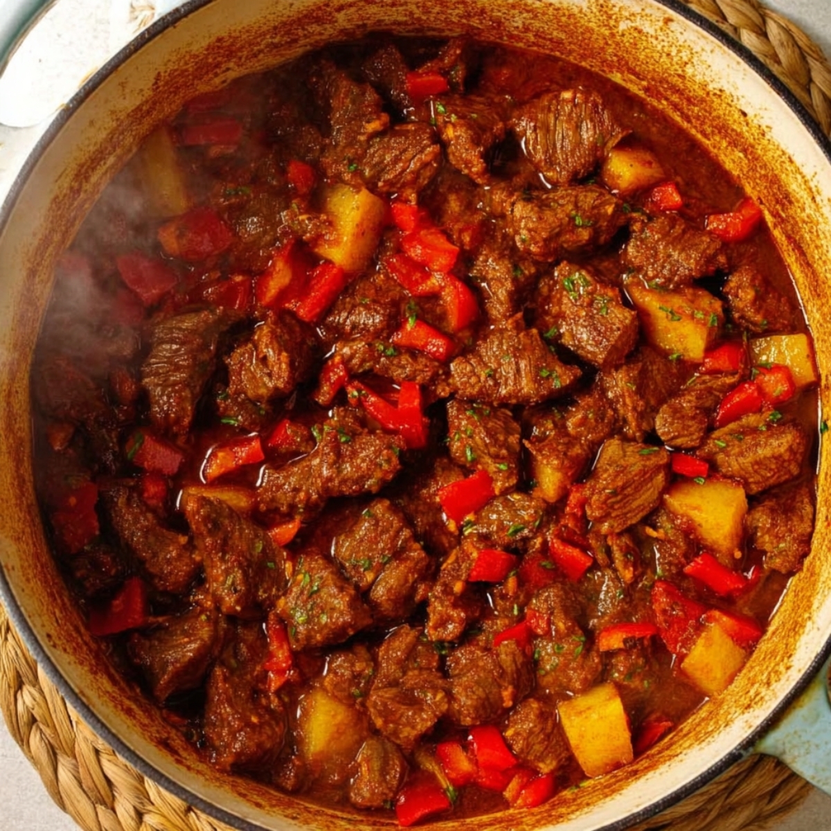 In go the bell peppers, tomatoes, and garlic. Cook everything together for about 7 minutes, stirring now and then. Your kitchen should smell absolutely incredible by now.